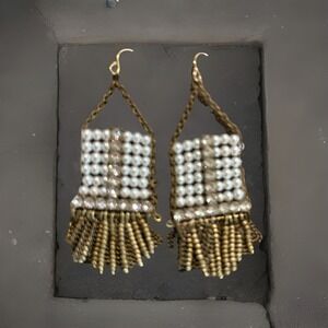 Artisan Bead Pearl‎ & Crystal Rhinestone Earrings Fringe Brass Chain Handcrafted
